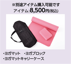 ※別途アイテム購入可能です アイテム:8,500円(税込)・ヨガマット ・ヨガブロック ・ヨガマットキャリーケース