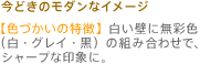 今どきのモダンなイメージ【色づかいの特徴】白い壁に無彩色（白・グレイ・黒）の組み合わせで、シャープな印象に。