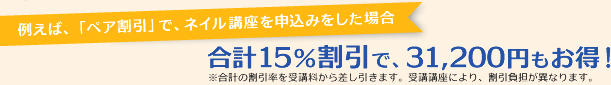 例えば、「ペア割引」で、ネイル講座を申込みをした場合、合計15％割引で、31,200円もお得！