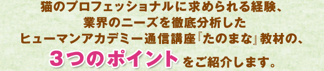 猫のプロフェッショナルに求められる経験、業界のニーズを徹底分析したヒューマンアカデミー通信講座『たのまな』教材の、３つのポイントをご紹介します。